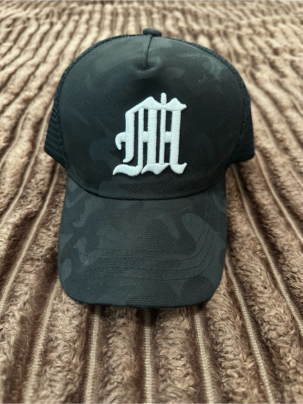 Black Trucker Hat with White Embroidered Monogram